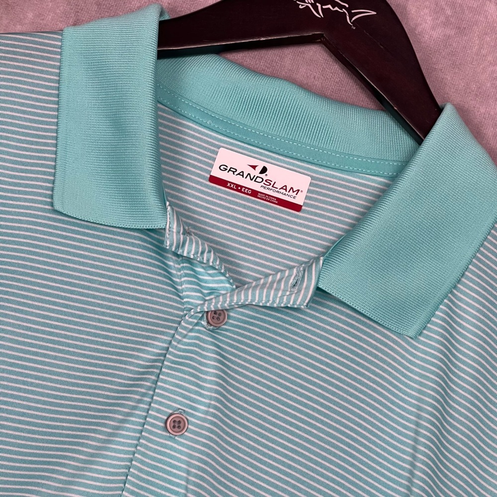 Grand Slam Polo Shirt Mens XXL Aqua Blue Striped Excellent Performance Golf Top